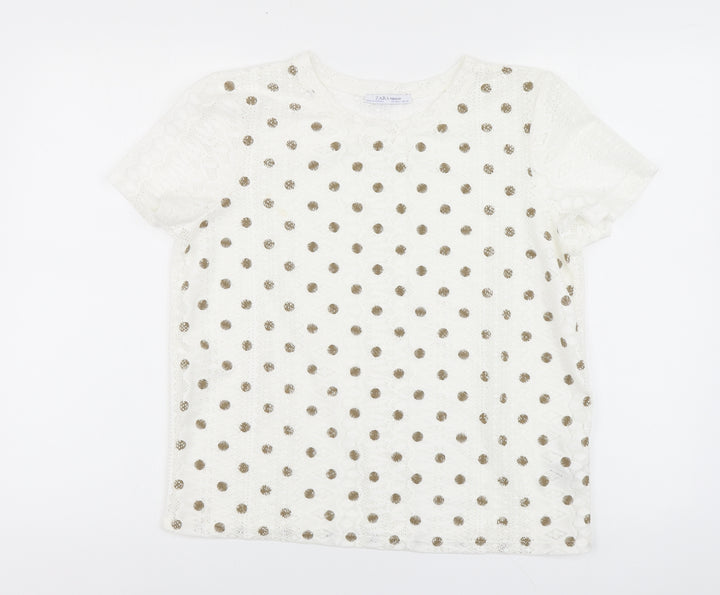Zara Womens White Polka Dot Polyester Basic Polo Size L Round Neck
