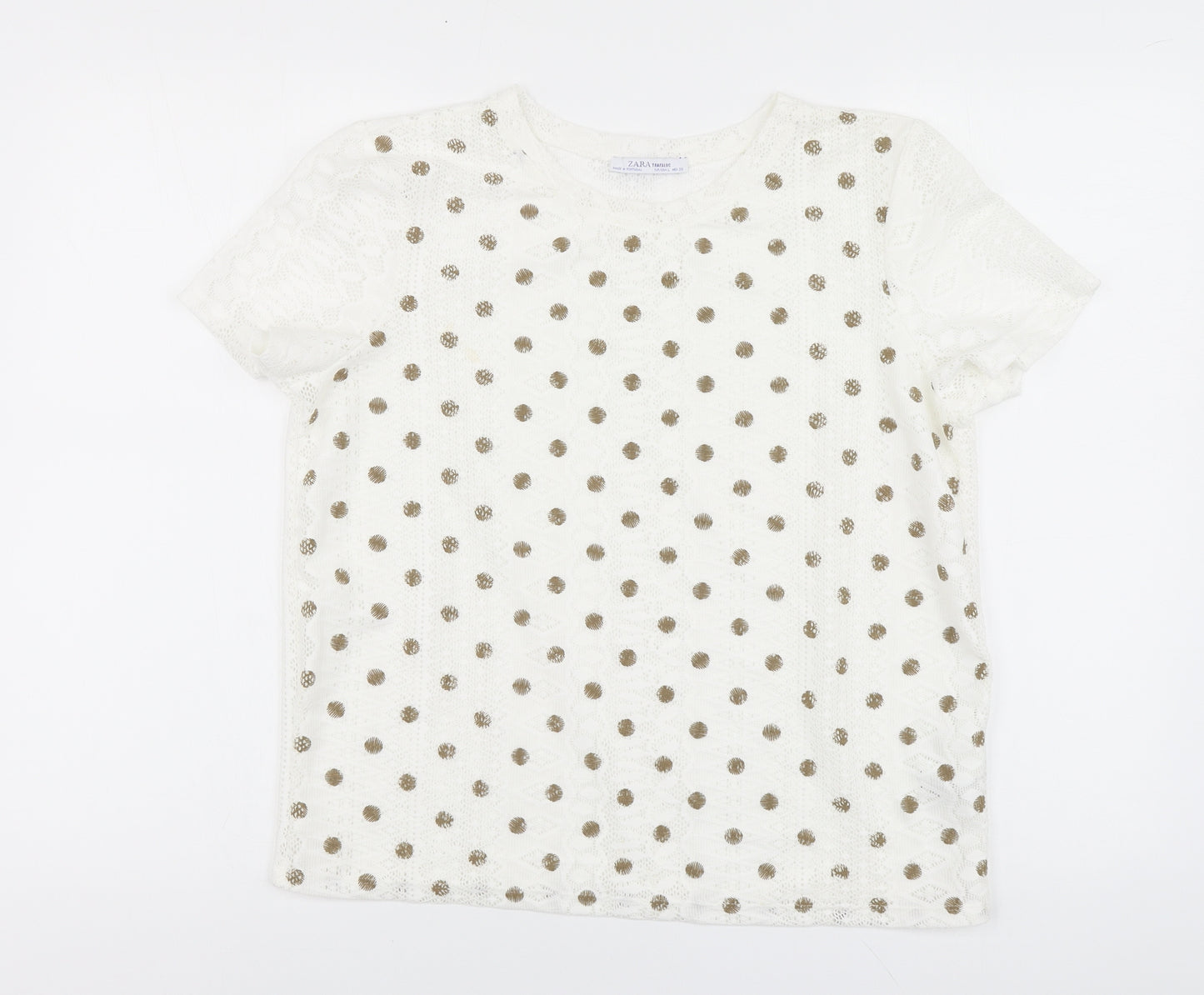 Zara Womens White Polka Dot Polyester Basic Polo Size L Round Neck