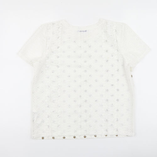 Zara Womens White Polka Dot Polyester Basic Polo Size L Round Neck