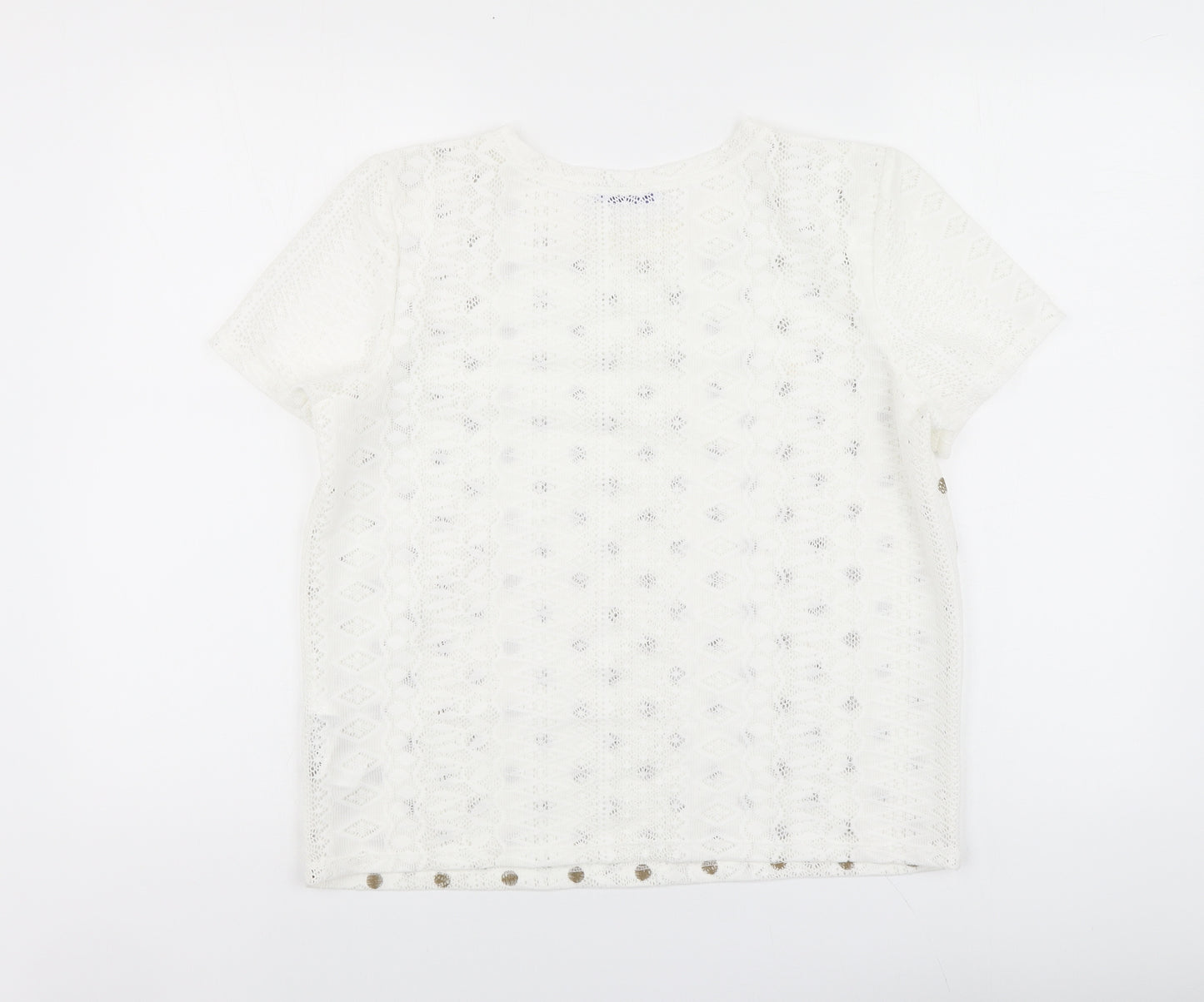 Zara Womens White Polka Dot Polyester Basic Polo Size L Round Neck