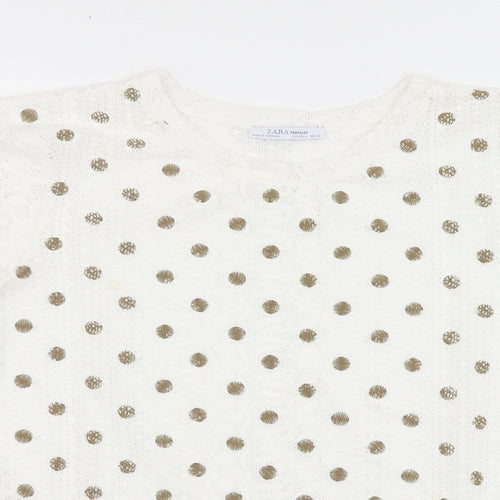 Zara Womens White Polka Dot Polyester Basic Polo Size L Round Neck