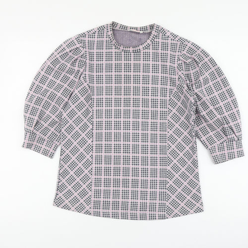 Savida Womens Pink Plaid Polyester Basic Blouse Size S Round Neck