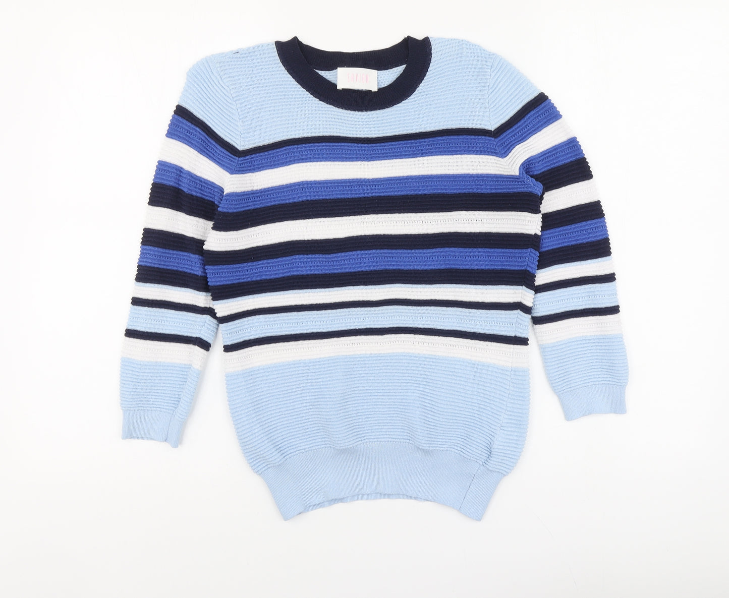 Savida Womens Blue Round Neck Striped Viscose Pullover Jumper Size M