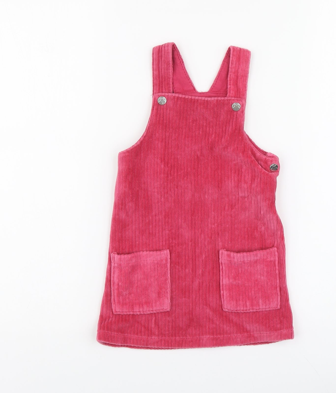 F&F Girls Pink Cotton Pinafore/Dungaree Dress Size 12-18 Months Square Neck Button