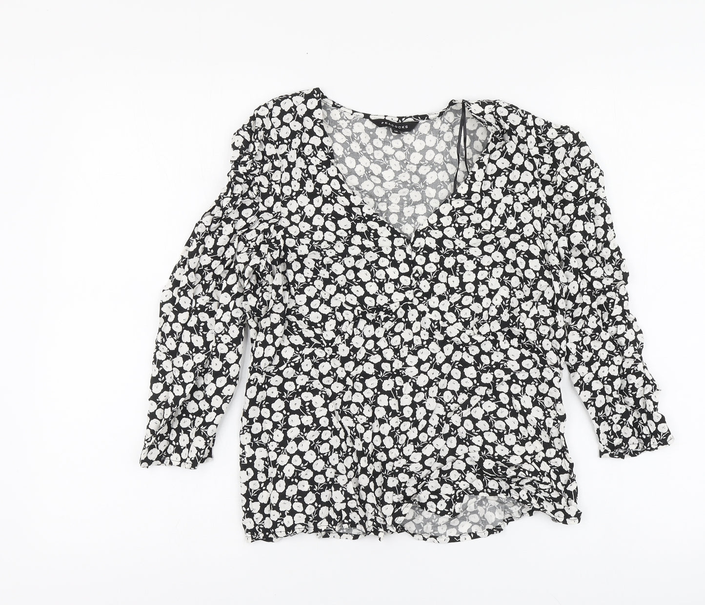 Peacocks Womens Black Floral Viscose Basic Blouse Size 10 V-Neck