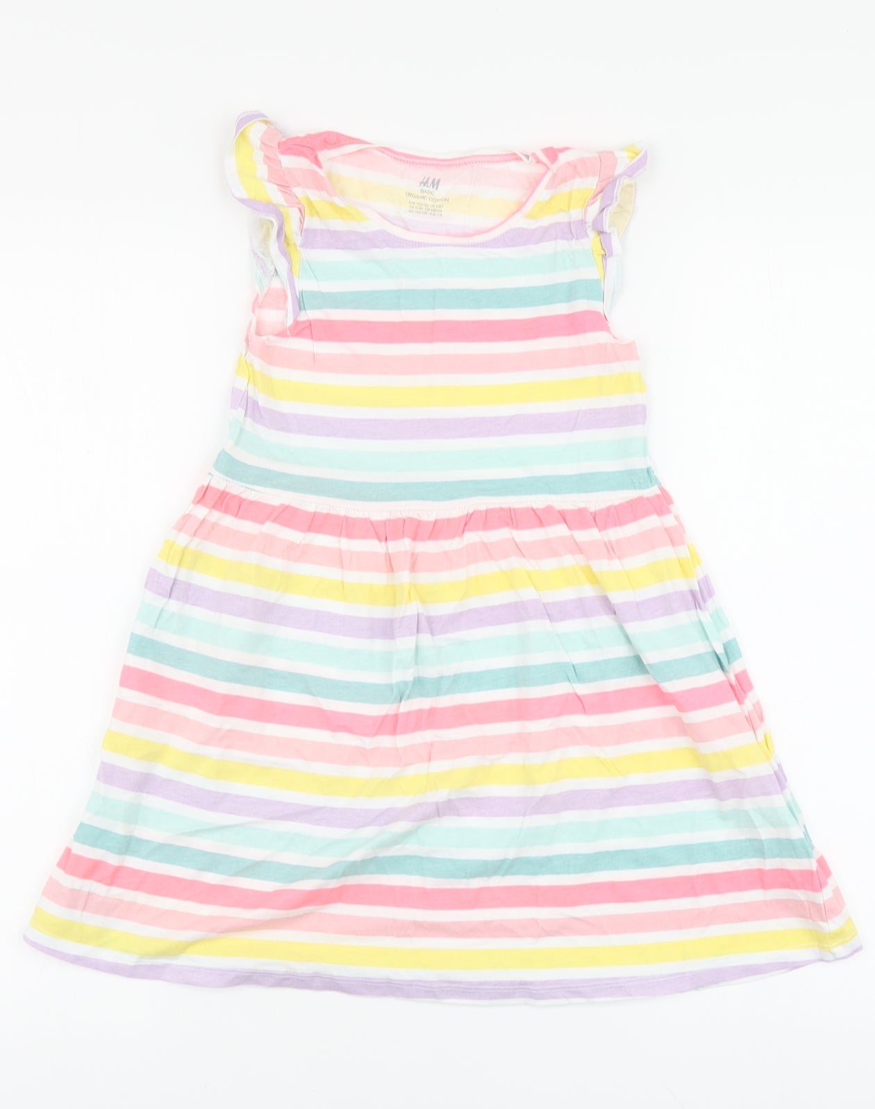 H&M Girls Multicoloured Striped Cotton Skater Dress Size 7-8 Years Round Neck