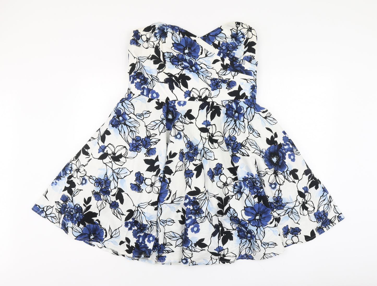 Quiz Womens Blue Floral Cotton Skater Dress Size 16 Off the Shoulder