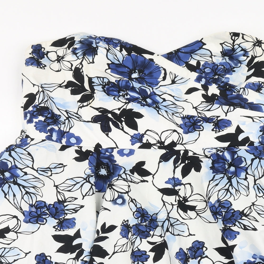 Quiz Womens Blue Floral Cotton Skater Dress Size 16 Off the Shoulder
