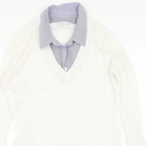 Nect Womens White V-Neck Striped Cotton Pullover Jumper Size 12