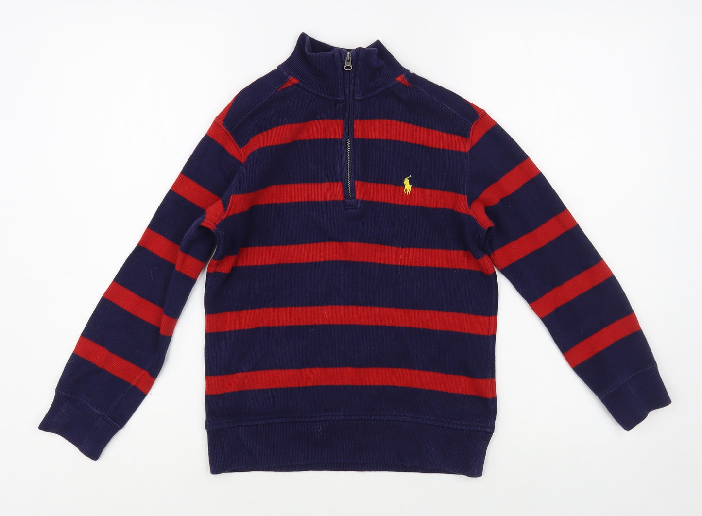 Polo Ralph Lauren Boys Blue High Neck Striped Cotton Pullover Jumper Size 8-9 Years Zip