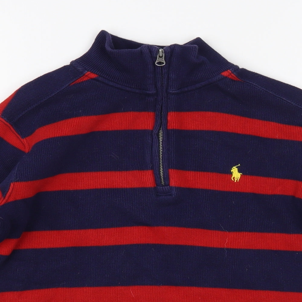 Polo Ralph Lauren Boys Blue High Neck Striped Cotton Pullover Jumper Size 8-9 Years Zip