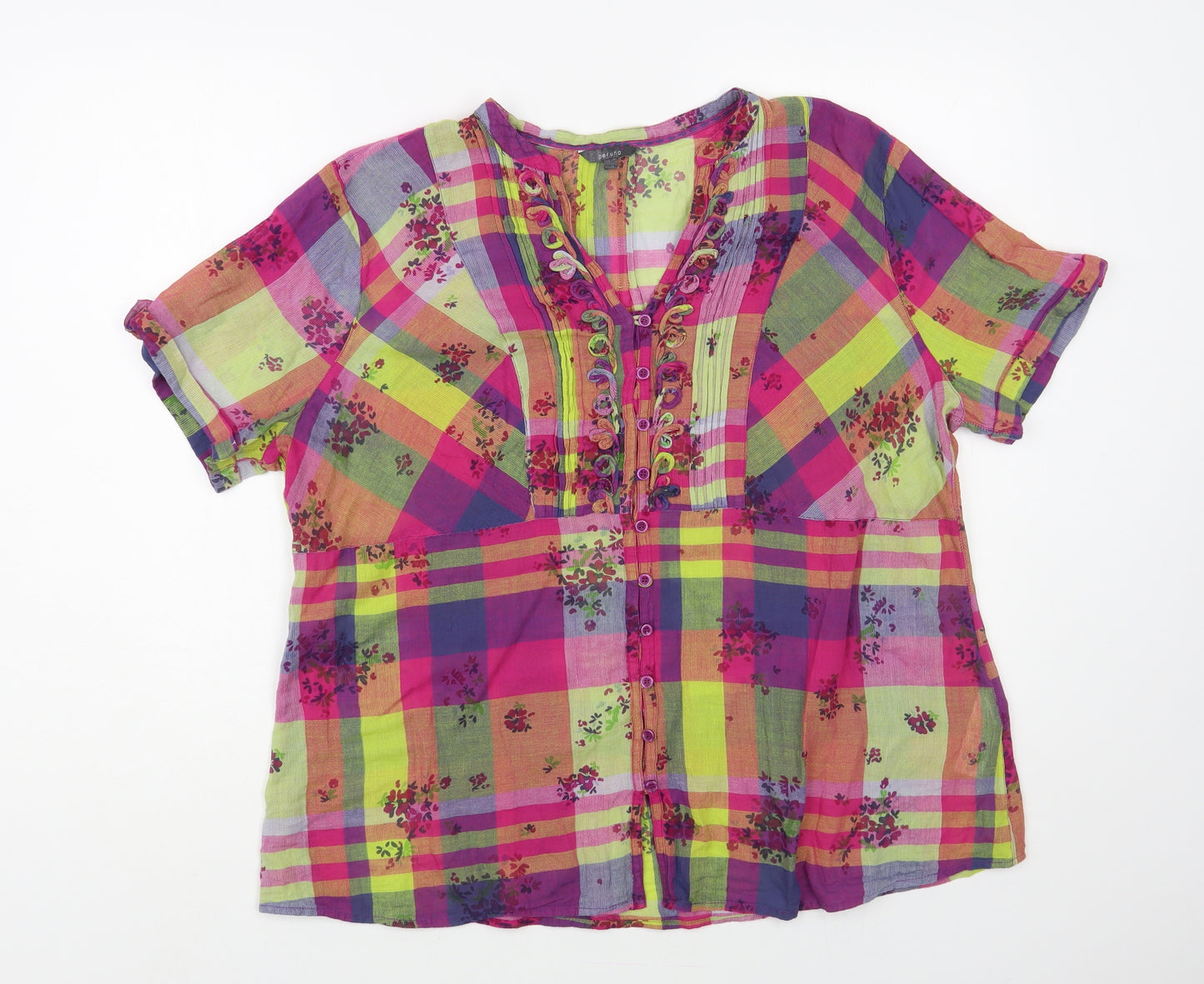 Per Una Womens Multicoloured Plaid Cotton Basic Button-Up Size 18 V-Neck - Floral
