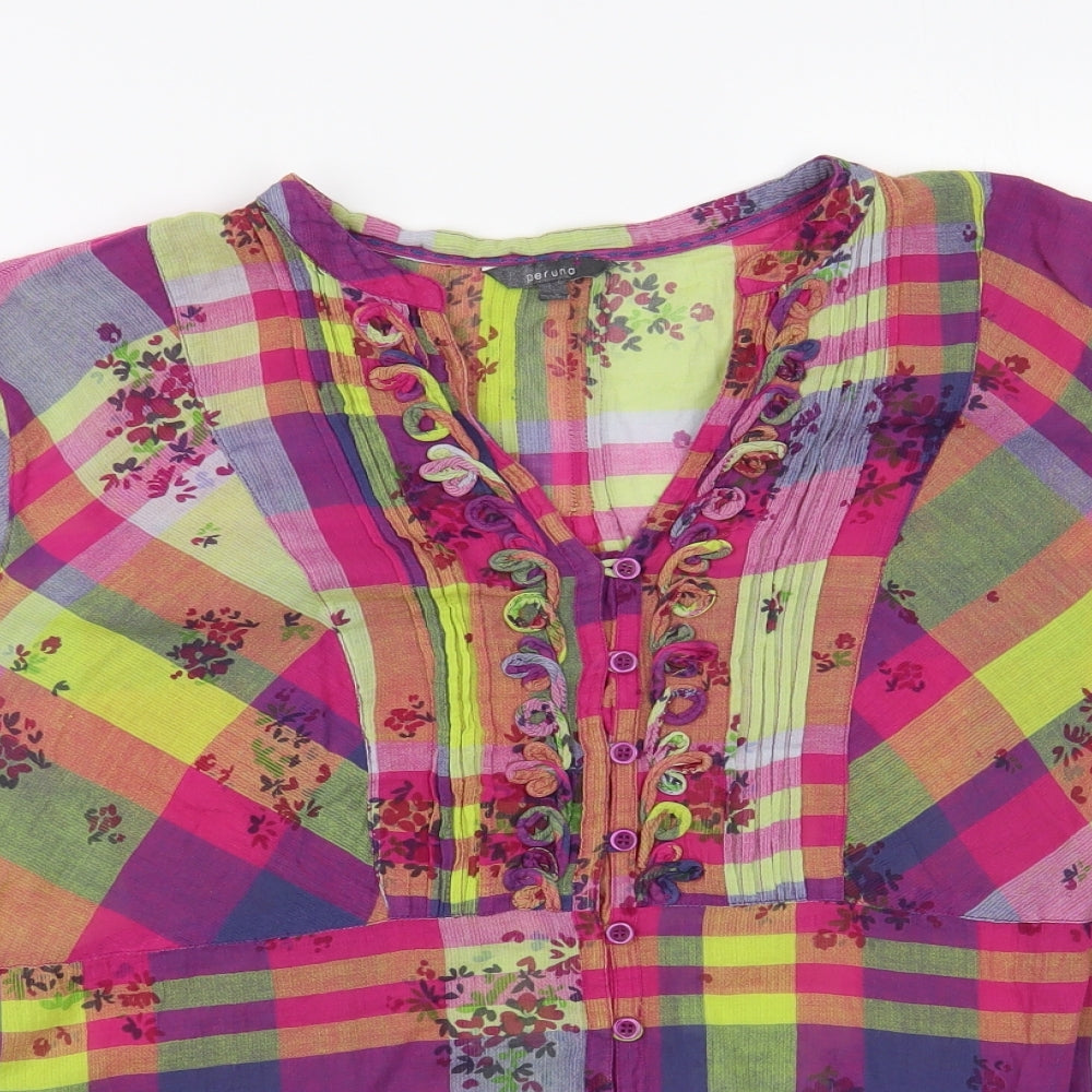 Per Una Womens Multicoloured Plaid Cotton Basic Button-Up Size 18 V-Neck - Floral