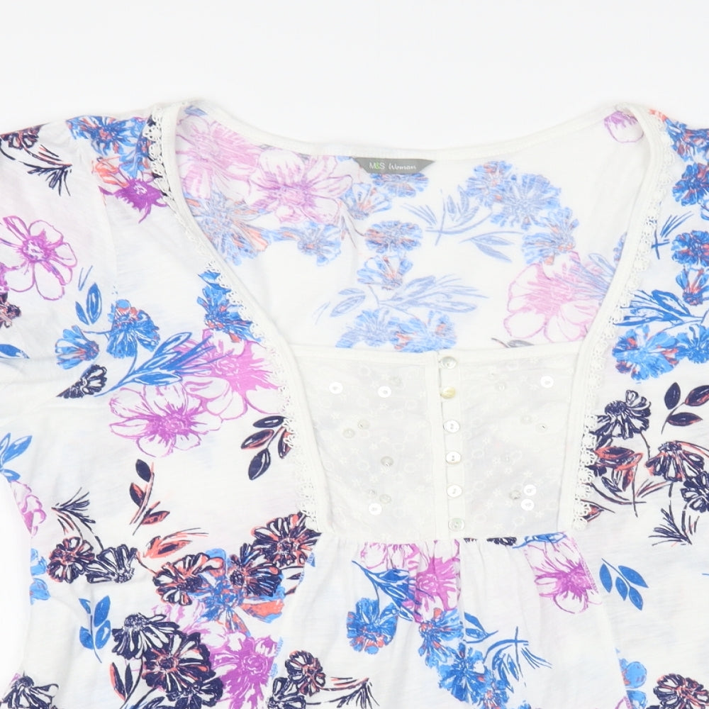 Marks and Spencer Womens White Floral Cotton Basic Blouse Size 18 Square Neck