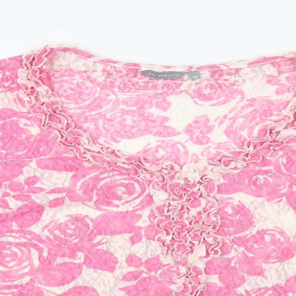 Per Una Womens Pink Floral Polyamide Basic Blouse Size 18 V-Neck
