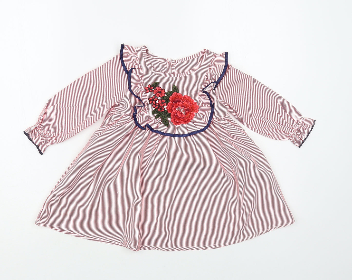 SheIn Baby Red Striped Polyester A-Line Size 12 Months Round Neck Button - Flower Detail