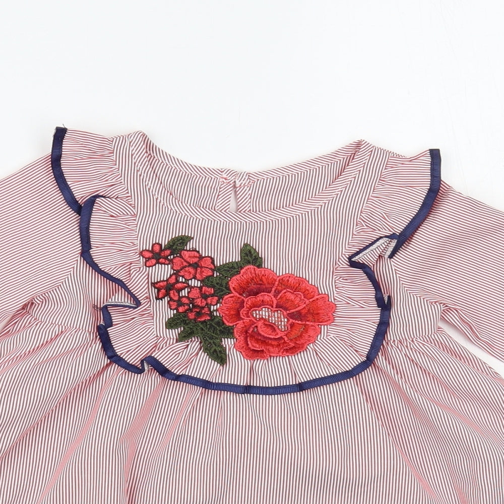 SheIn Baby Red Striped Polyester A-Line Size 12 Months Round Neck Button - Flower Detail