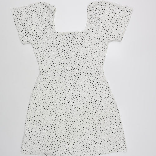 NEXT Womens White Polka Dot Viscose Fit & Flare Size 10 Square Neck Pullover