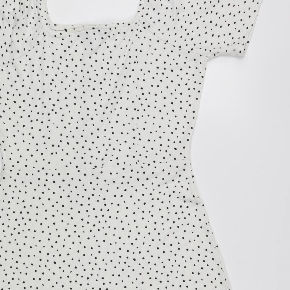 NEXT Womens White Polka Dot Viscose Fit & Flare Size 10 Square Neck Pullover