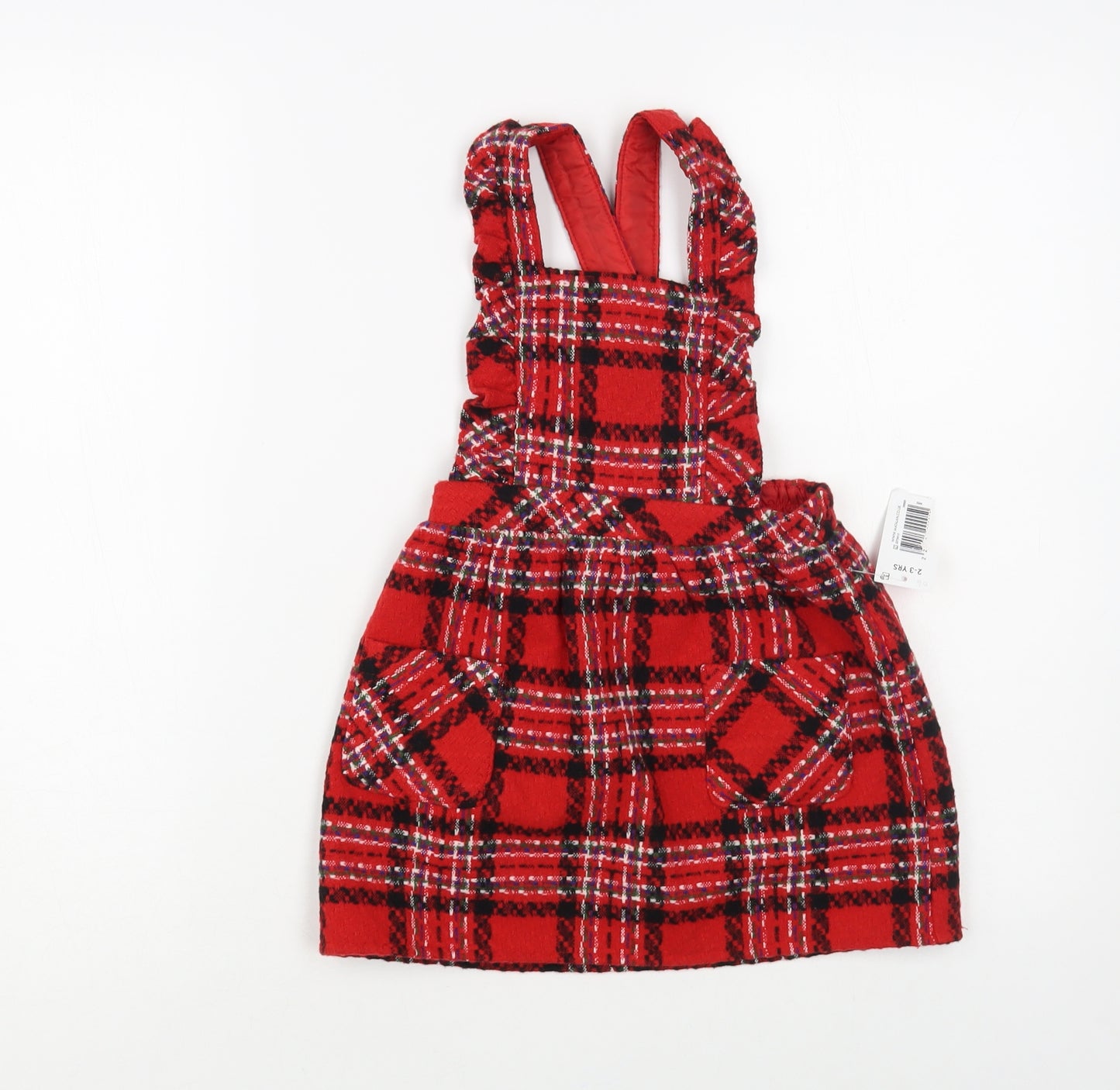 Matalan Girls Red Plaid Polyester Pinafore/Dungaree Dress Size 2-3 Years Square Neck Button