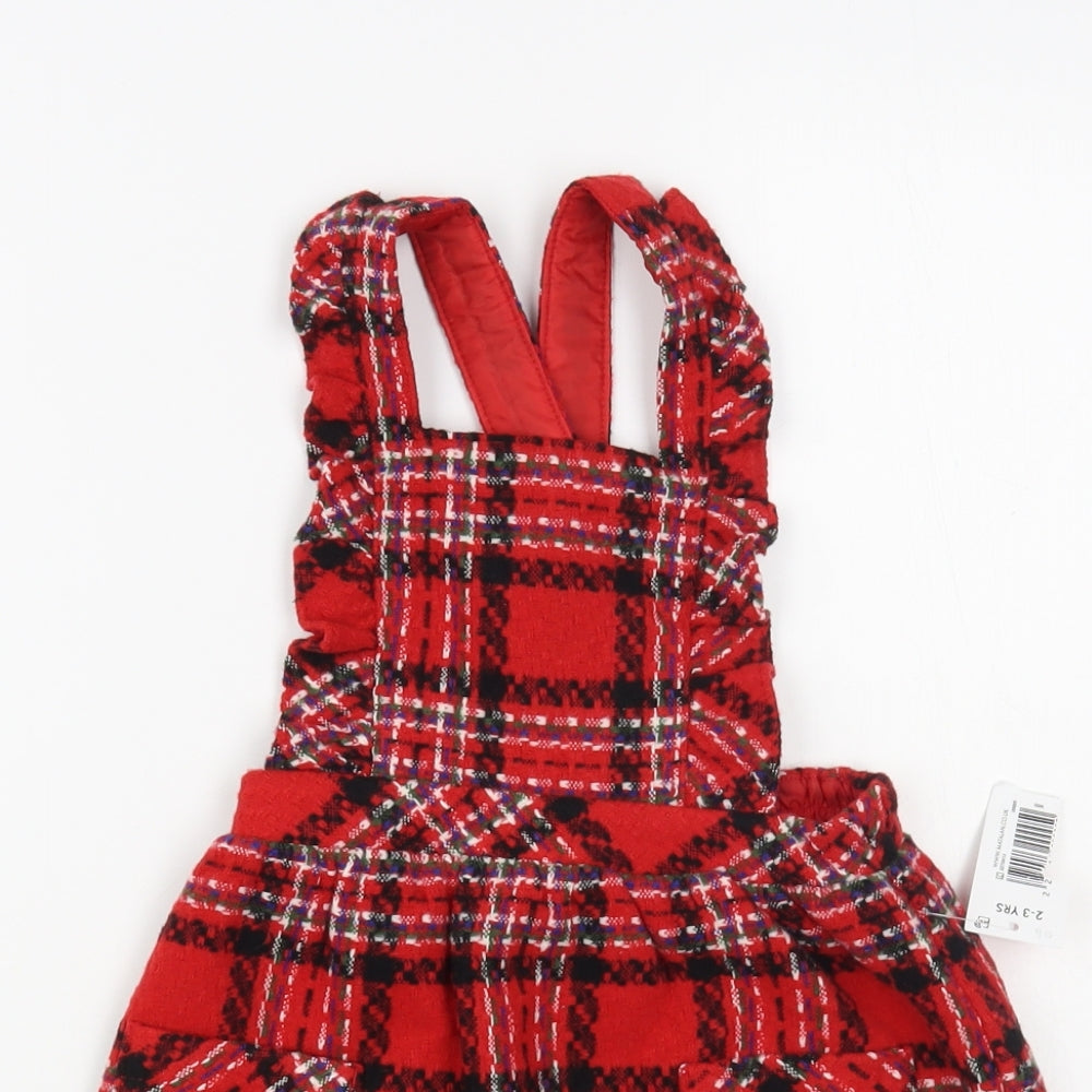 Matalan Girls Red Plaid Polyester Pinafore/Dungaree Dress Size 2-3 Years Square Neck Button
