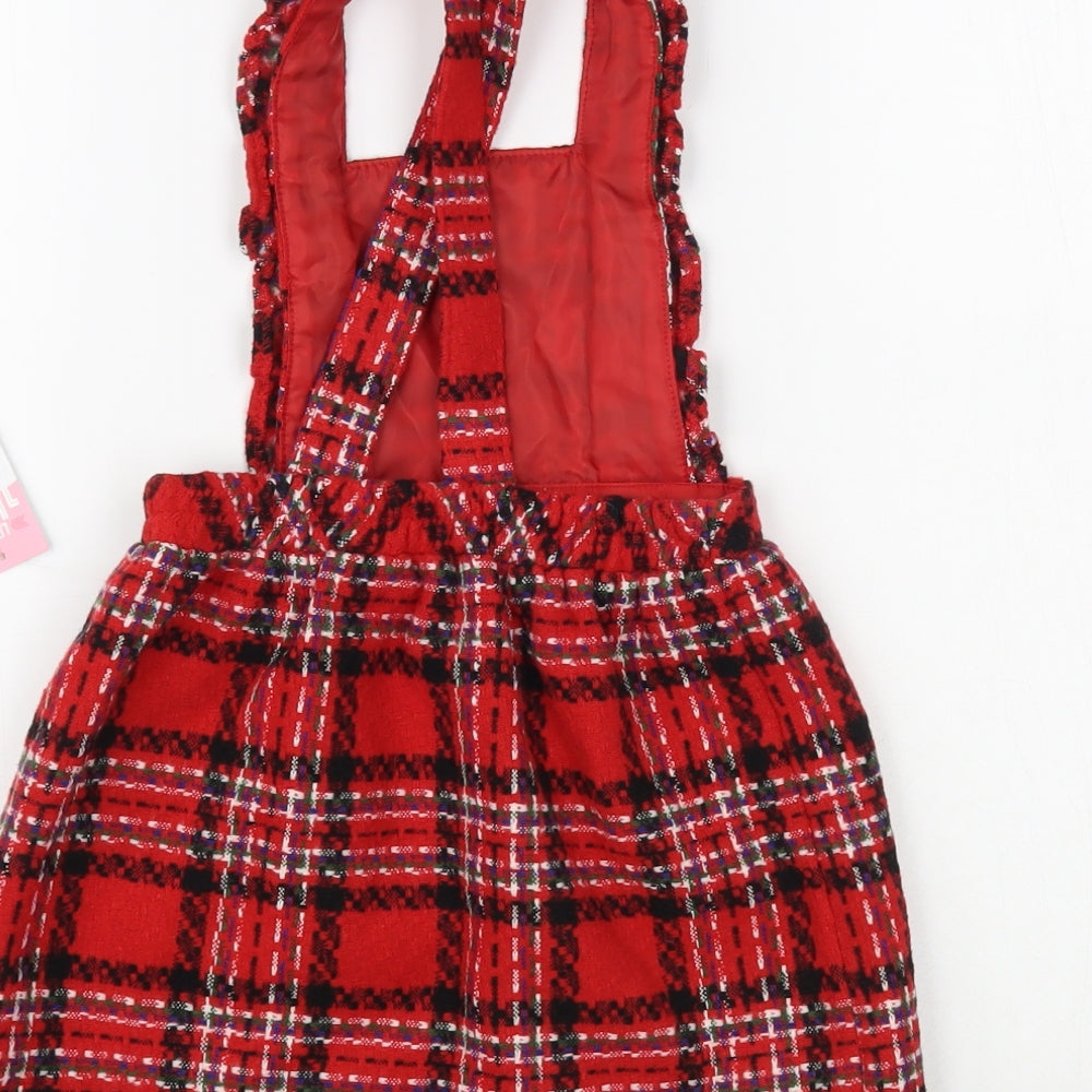 Matalan Girls Red Plaid Polyester Pinafore/Dungaree Dress Size 2-3 Years Square Neck Button