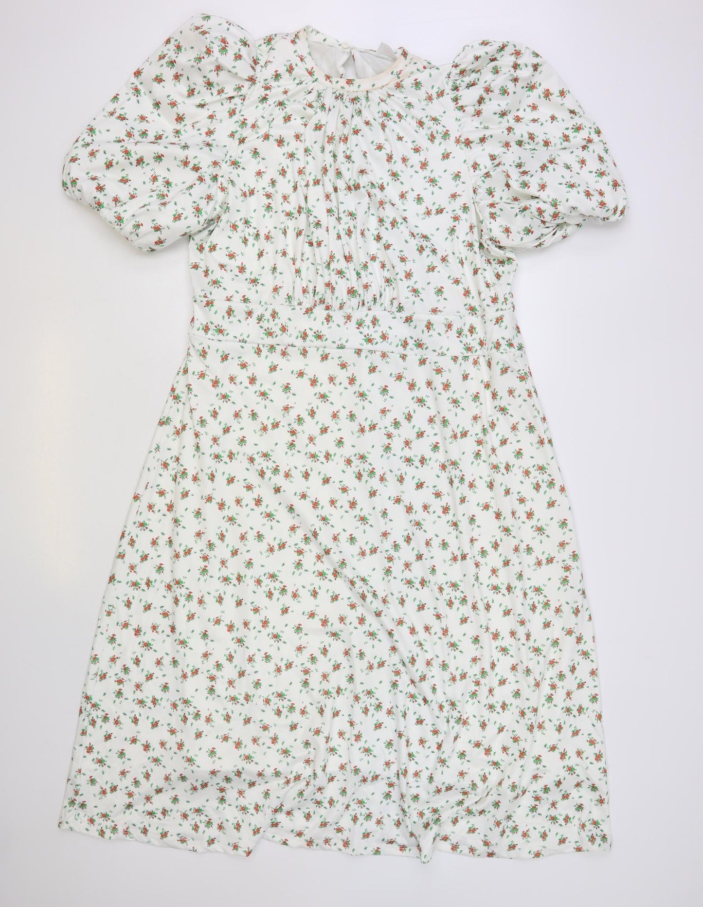 Savida Womens White Floral Polyester A-Line Size 2XL Round Neck Button