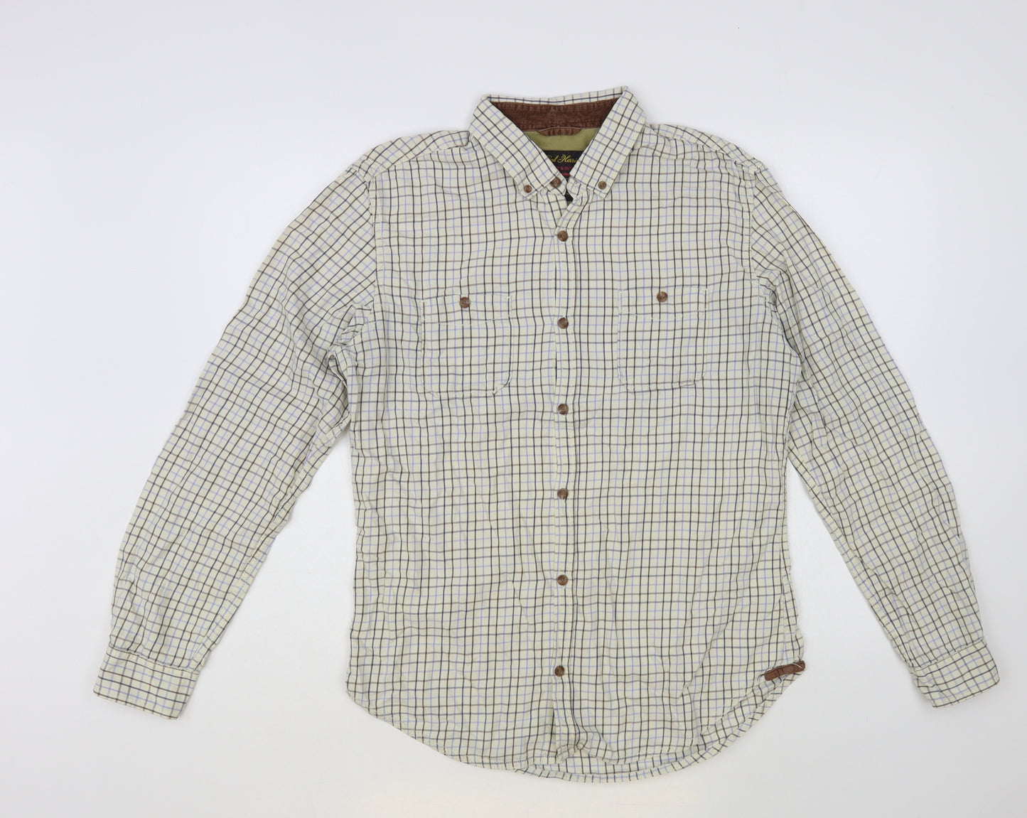 Red Herring Mens Ivory Plaid Cotton Button-Up Size M Collared Button - Elbow Patches