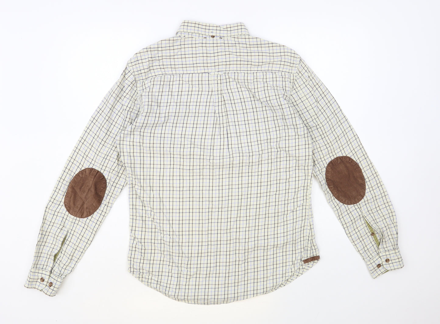 Red Herring Mens Ivory Plaid Cotton Button-Up Size M Collared Button - Elbow Patches