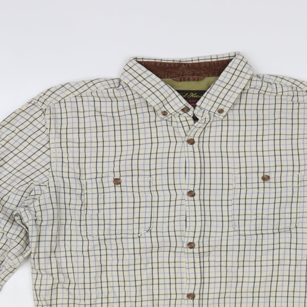 Red Herring Mens Ivory Plaid Cotton Button-Up Size M Collared Button - Elbow Patches