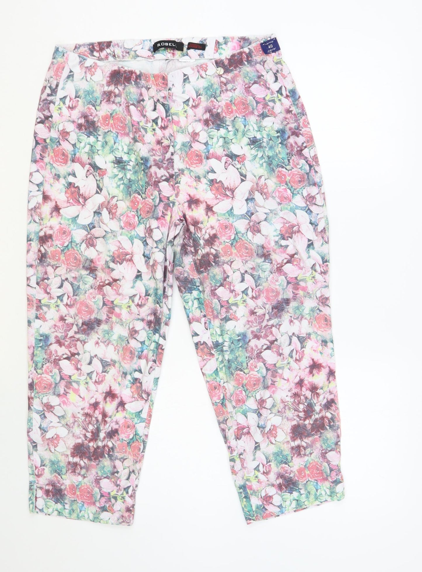 Robell Womens Multicoloured Floral Cotton Cropped Trousers Size 12 L22 in Regular