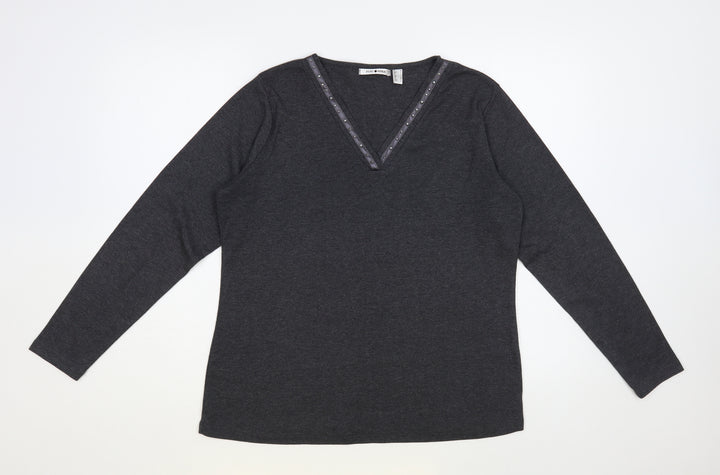 Punt Roma Womens Grey Cotton Basic T-Shirt Size L V-Neck - Embelished Neckline