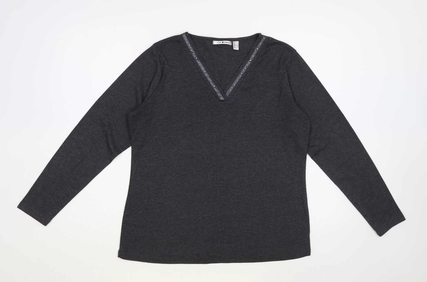 Punt Roma Womens Grey Cotton Basic T-Shirt Size L V-Neck - Embelished Neckline