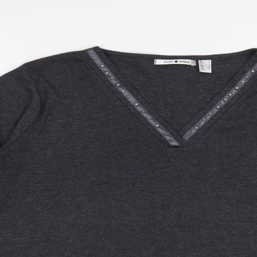 Punt Roma Womens Grey Cotton Basic T-Shirt Size L V-Neck - Embelished Neckline