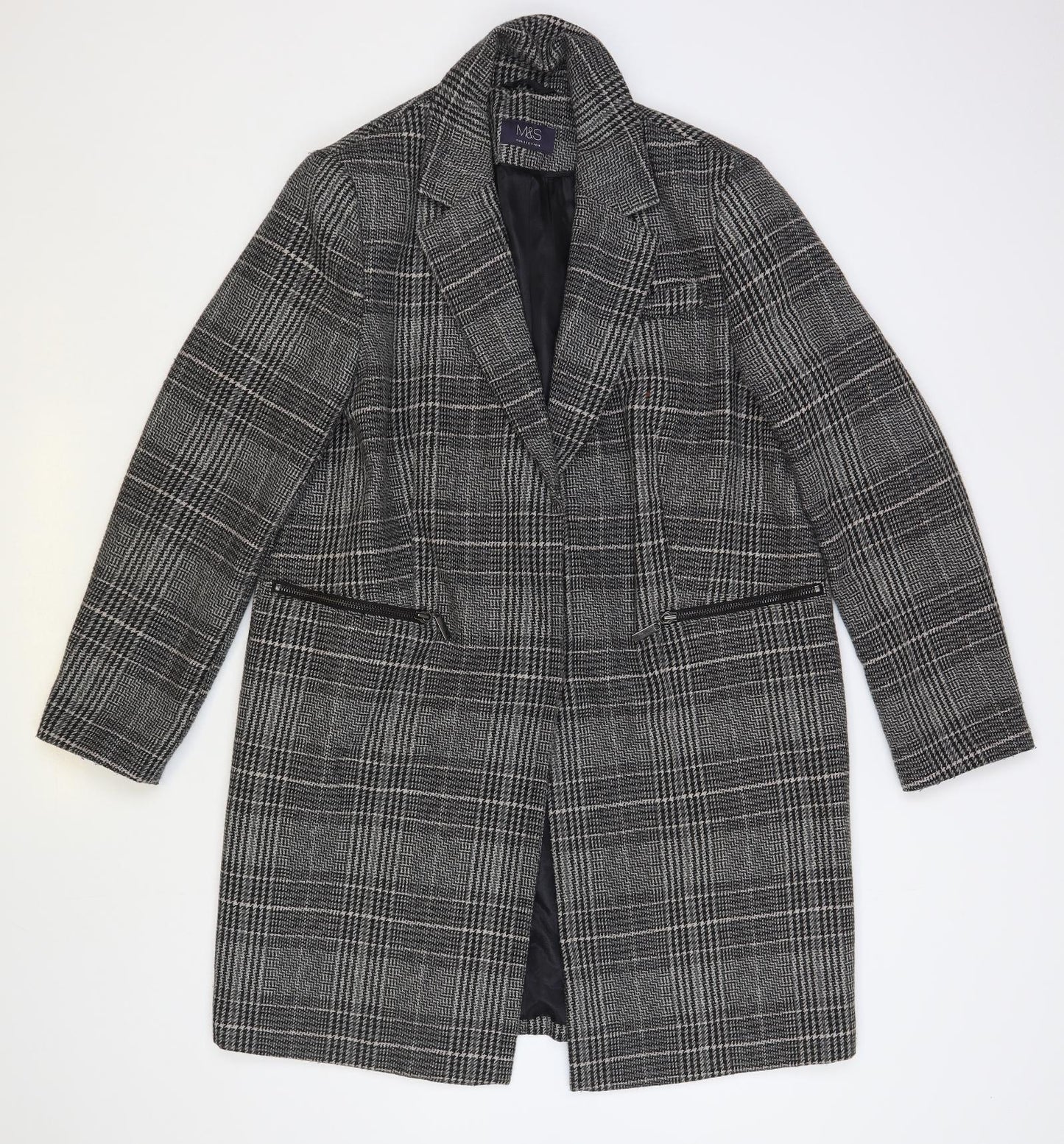 Marks and Spencer Womens Grey Plaid Pea Coat Coat Size 14 Button