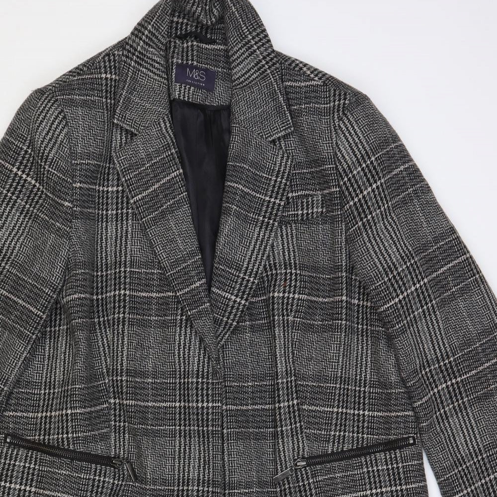 Marks and Spencer Womens Grey Plaid Pea Coat Coat Size 14 Button