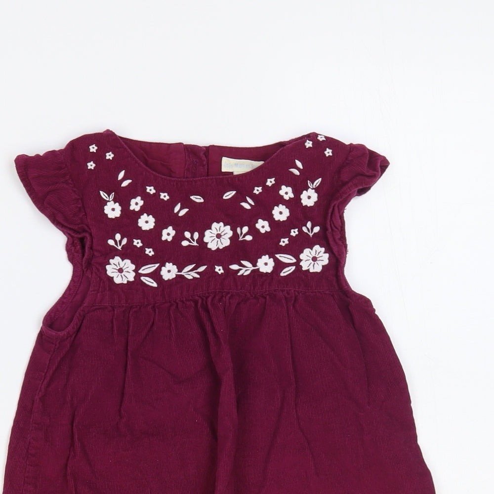 JoJo Maman Bébé Baby Purple Cotton A-Line Size 18-24 Months Round Neck Button - Flower Detail