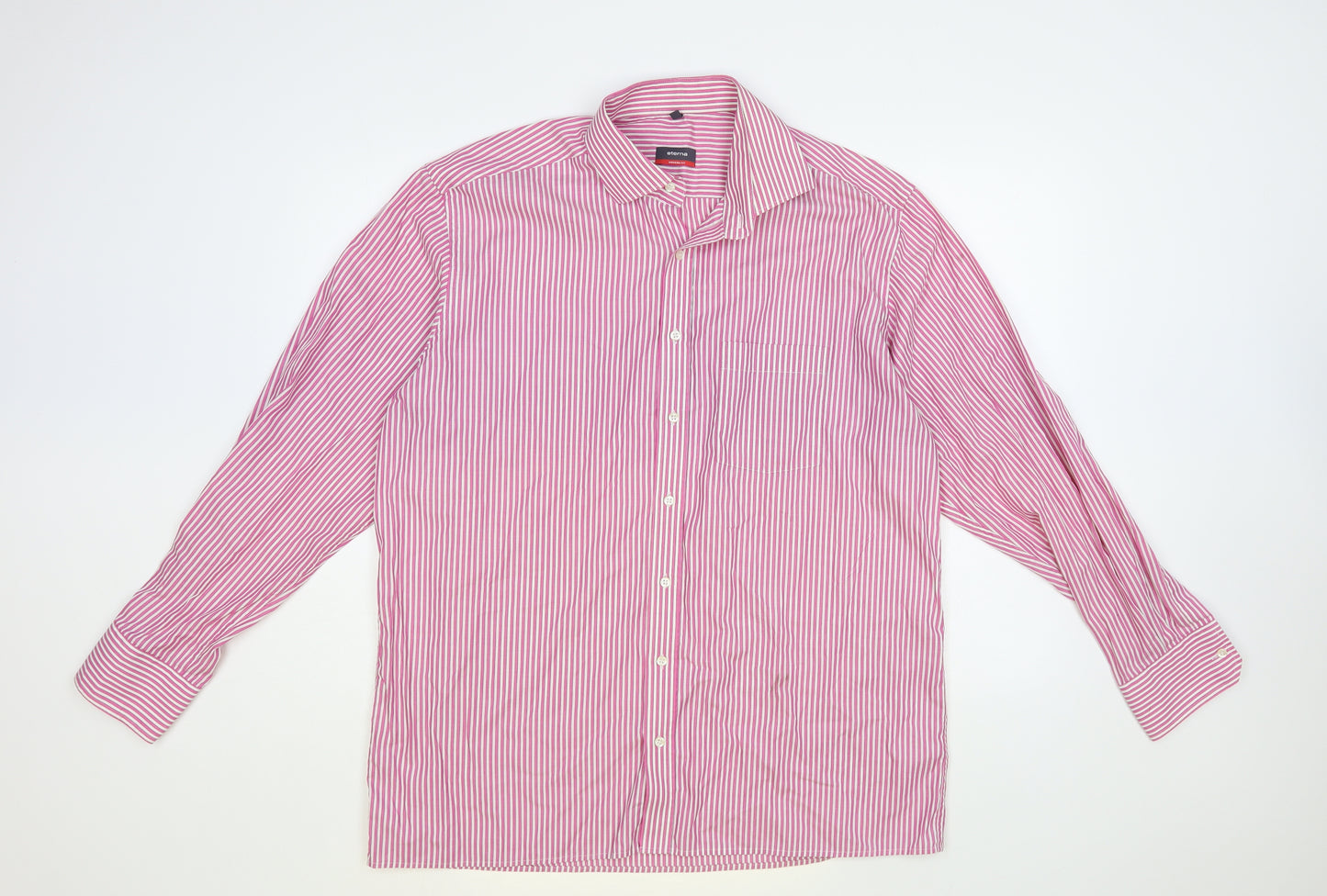 Eterna Mens Pink Striped Cotton Dress Shirt Size 17 Collared Button