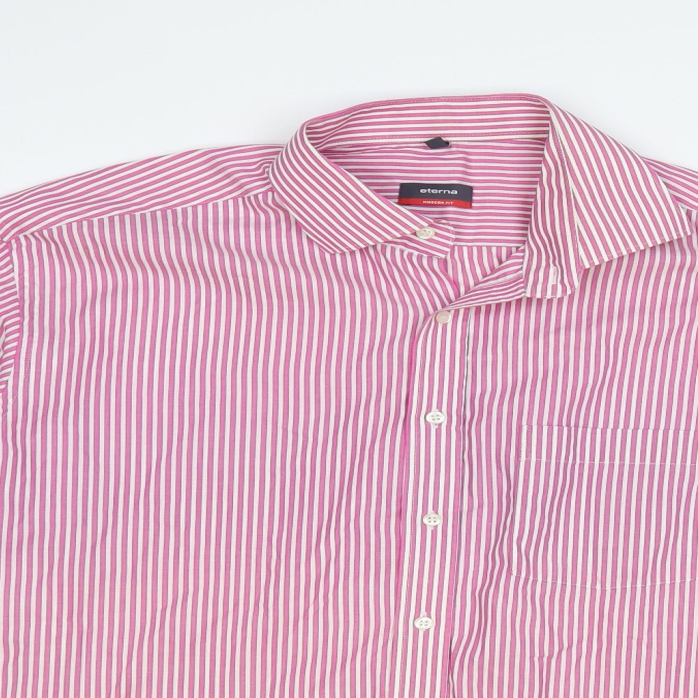 Eterna Mens Pink Striped Cotton Dress Shirt Size 17 Collared Button