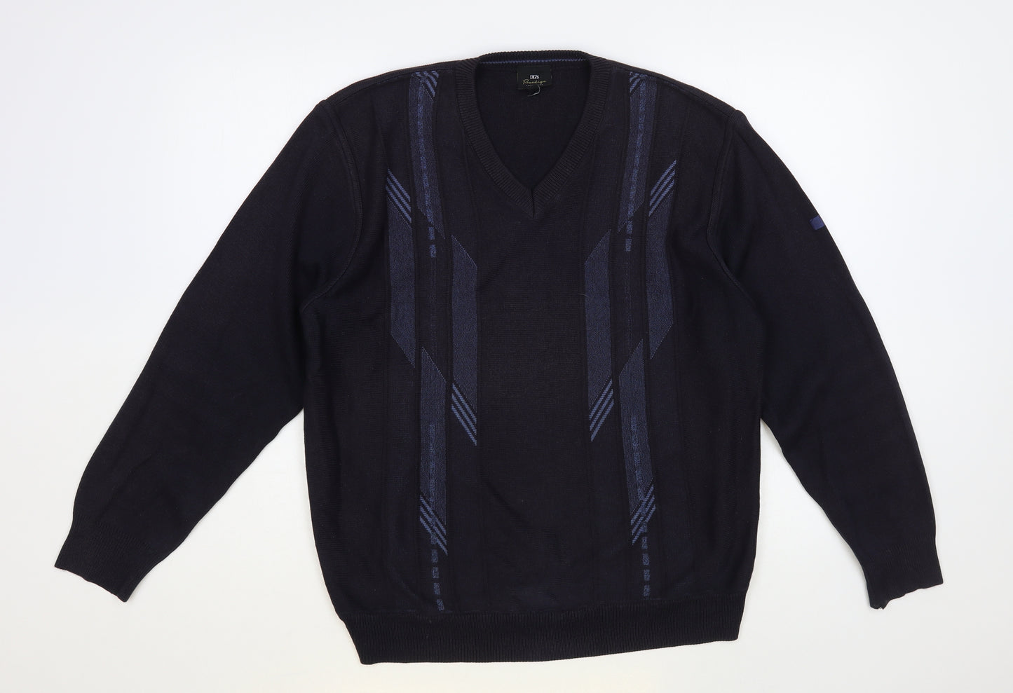 Prestige Collection Mens Blue V-Neck Geometric Acrylic Pullover Jumper Size L