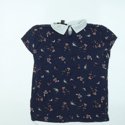 Atmoshpere Womens Blue Floral Viscose Basic T-Shirt Size 10 Collared