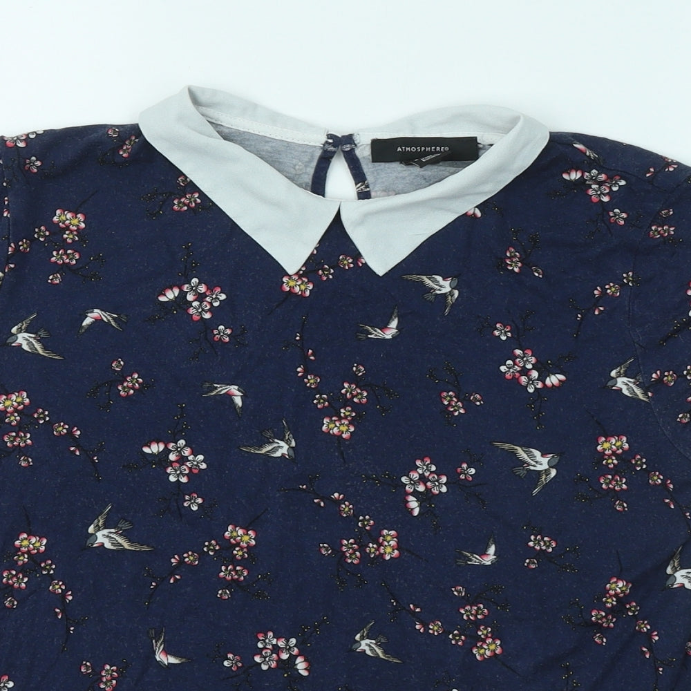 Atmoshpere Womens Blue Floral Viscose Basic T-Shirt Size 10 Collared