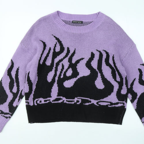 SheIn Womens Purple Round Neck Geometric Acrylic Pullover Jumper Size S - Flame
