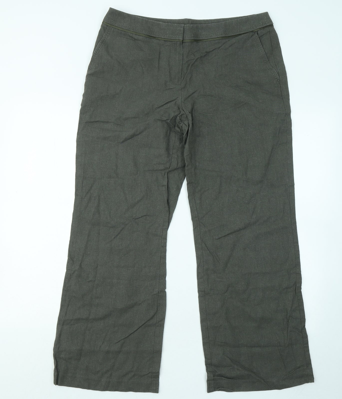 Marks and Spencer Womens Green Linen Trousers Size 14 L24 in Regular Zip