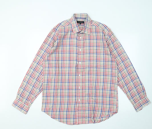 James Pringle Mens Multicoloured Plaid Polyester Button-Up Size M Collared Button