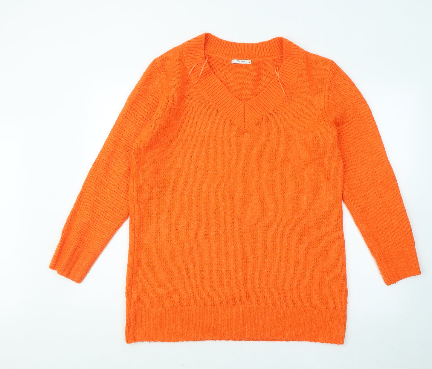 TU Womens Orange V-Neck Acrylic Pullover Jumper Size 16