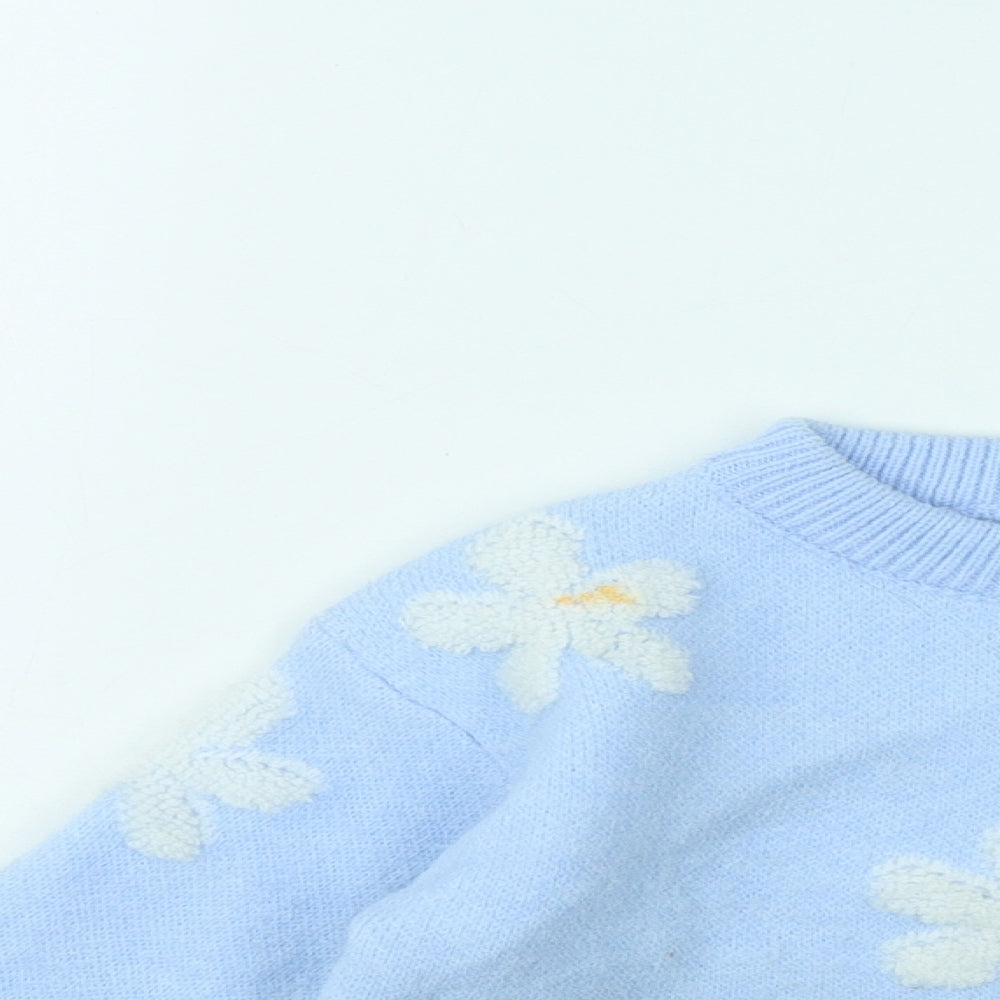 SheIn Girls Blue Round Neck Geometric Acrylic Pullover Jumper Size 6 Years - Flowers