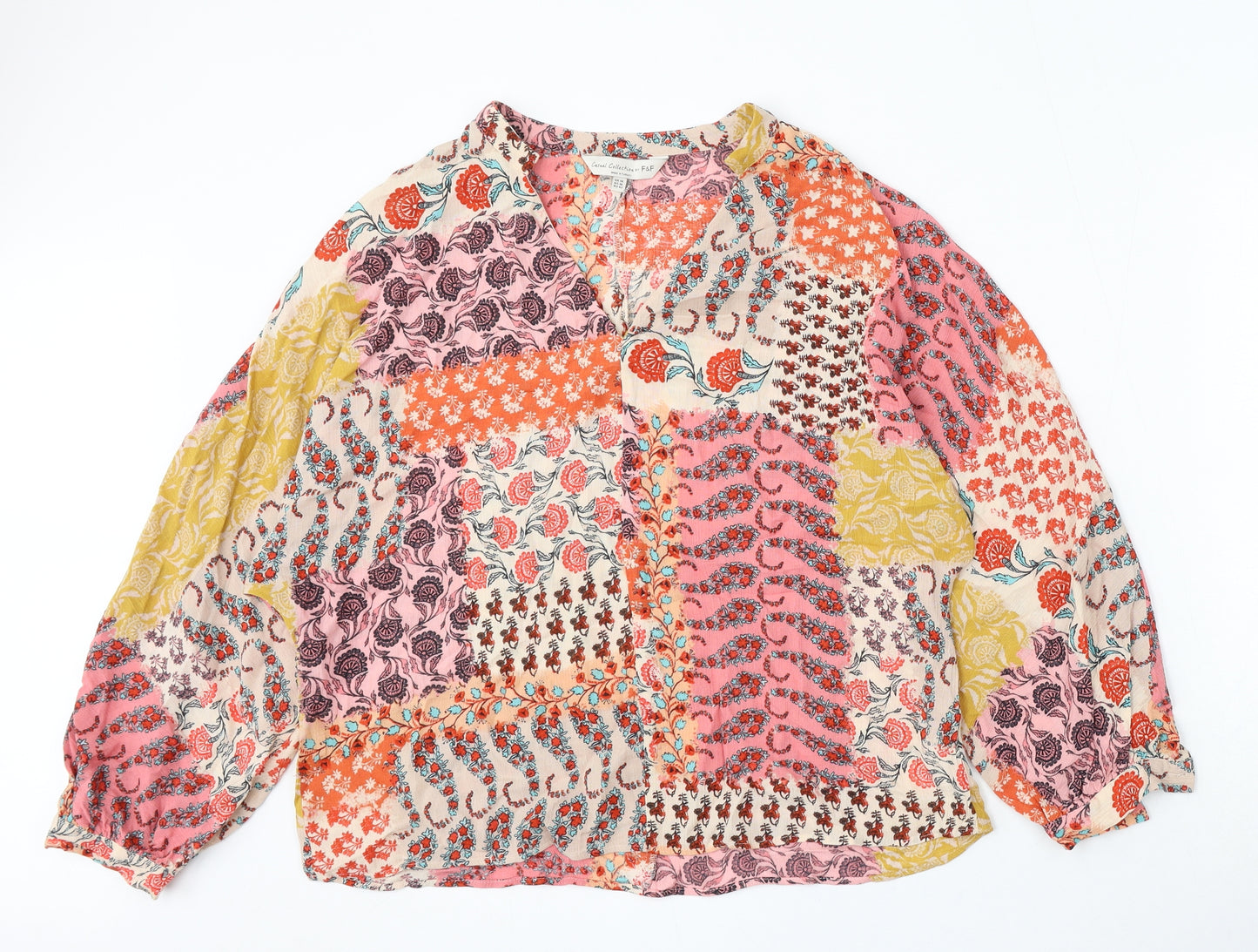 F&F Womens Multicoloured Floral Viscose Basic Blouse Size 14 V-Neck