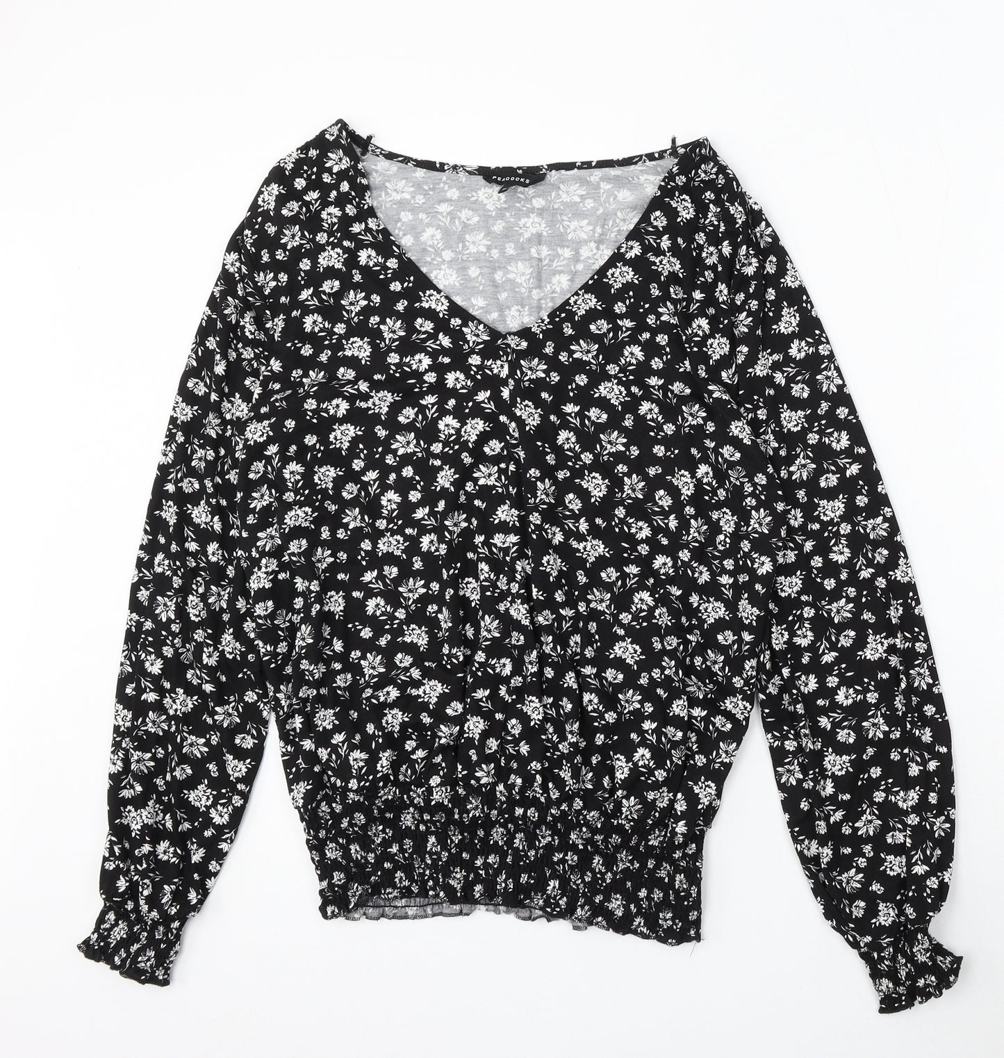 Peacocks Womens Black V-Neck Floral Viscose Pullover Jumper Size 14