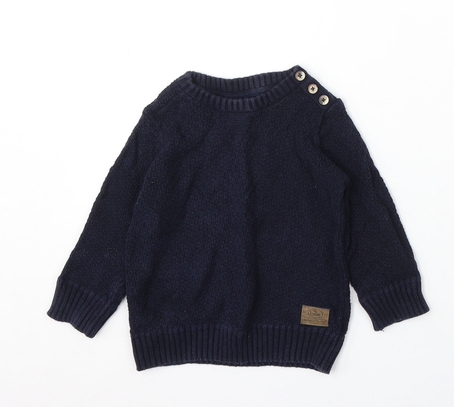 F&F Boys Blue Round Neck Cotton Pullover Jumper Size 2-3 Years Button